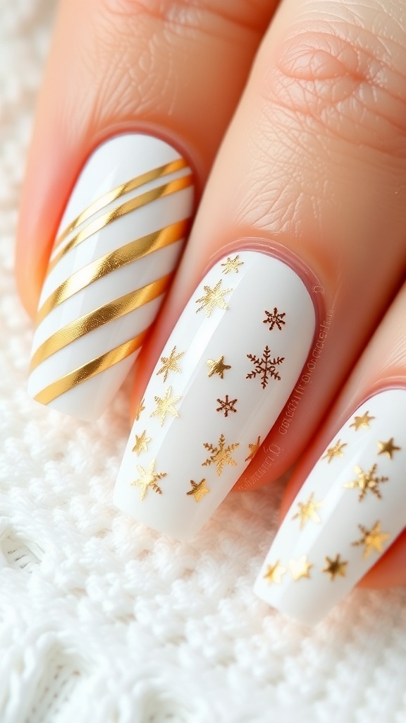 Elegant white and gold Christmas nail art with snowflakes and stripes.